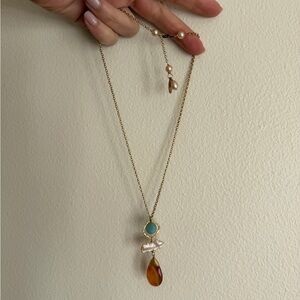 Gold Pendant Necklace with Turquoise, Pearl and Amber Drop